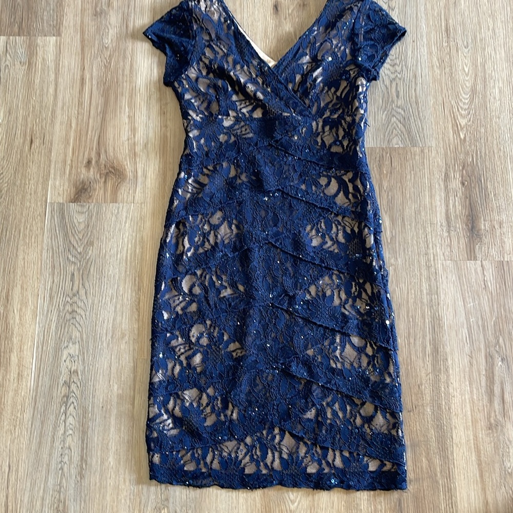 Scarlett navy blue and nude layered ruffle cap sleeve lace vneck dress w sparkle